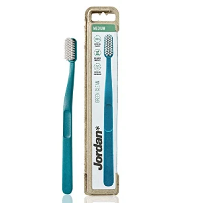 Image of JORDAN Green Clean Award Winning Sustainable Toothbrush Made from Recycled Materials Eco Friendly Scandinavian Design Medium Bristles Mixed Colour Pack of 1