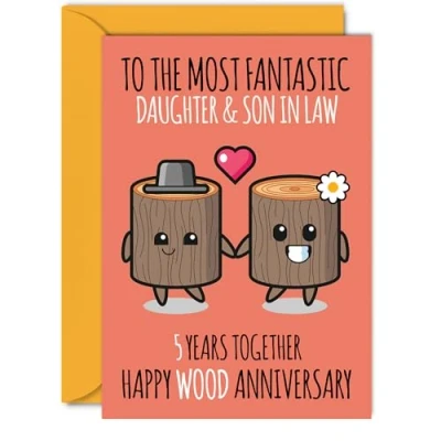 Image of Cute Wooden Anniversary Card for Daughter &amp; Son In Law 5 Years Together Happy 5th Wedding Cards Daughter, A5 Greeting Fifth Anniversaries