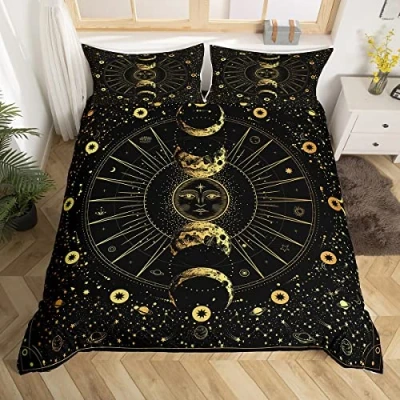 Image of richhome Bohemian Celestial Sun Duvet Cover Set Single Moon Stars Bedding for Teens Kids Golden Black Breathable Soft Quilt Bedroom Decor Bedspread