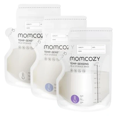 Image of Momcozy Easy Pour Breastmilk Storage Bag, 250ml, Temp Sensing Color Change, 120 Count Milk Bag with Self Standing for Breastfeeding, No Leak Presterilized Freezer, Recyclable &amp; BPA Free