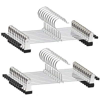 Image of Trouser Hangers, 20 Pack Skirt Hangers with Adjustment Metal Grip Pant for Heavy Duty Durable Space Saving, Silver