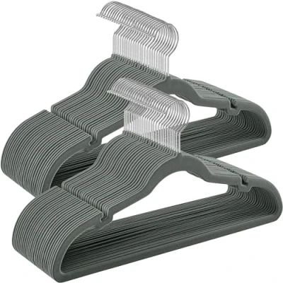 Image of SONGMICS Velvet Hangers, Pack 50 Coat Hangers for Clothes, Non Slip, with Shoulder Notches, Trouser Bar, 360 Swivel Hook, Space Saving, 0.6 cm Thick, 43 Long, Grey CRF029G05