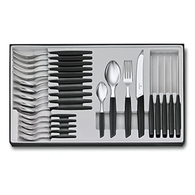 Image of VICTORINOX Swiss Modern Cutlery Set for 6 People, 24 Piece, incl. Sharp Serrated Knives, Plastic Handles, Black