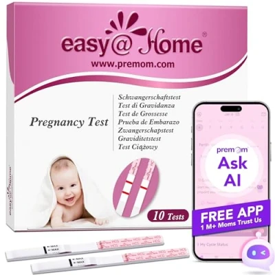 Image of Pregnancy Detection Test Strips Kit: Easy@Home 10 HCG Tests 10miu/ml Powered by Accurate Fertility Tracker iOS and Android Premom App