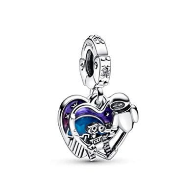 Image of Pandora Disney Wall E and Eve heart sterling silver double dangle with clear cubic zirconia, shaded purple to pink blue glow in the dark enamel