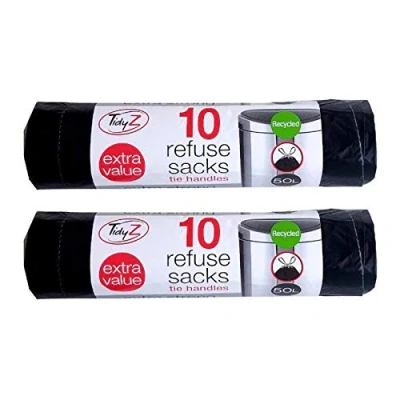 Image of TidyZ 10 x Extra Strong Swing Bin Liners with Tie Handles Refuse Sacks Black 50 Litres 94 120cm (20 Bags)