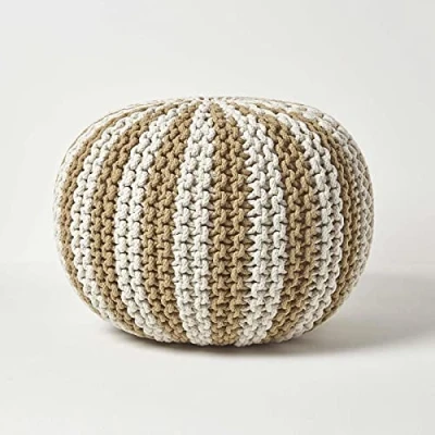 Image of HOMESCAPES Large Off White and Linen Knitted Pouffe 100% Cotton Round Bean Filled Striped Footstool 50 x 40 cm
