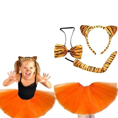 Image of Lizzy Kids Tiger Tutu Costume Fancy Dress Halloween Ears Animal Accessory Set (Full set)