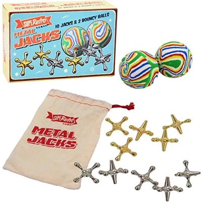 Image of Traditional Retro Metal Jacks Family Game with 2 Rubber Swirly Bouncy Balls and 10 Heavy for Playing Knucklebones, Fivestones of Jacks. Instructions Cloth Carry Bag Included