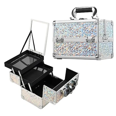 Image of Joligrace Makeup Box Vanity Case Cosmetic Organiser Beauty Storage Train with Mirror, Lockable Keys, Dazzle Silver