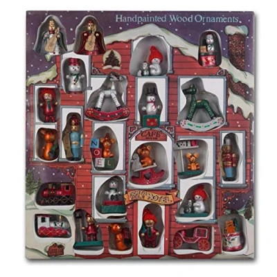 Image of BRUBAKER 24 Pcs. Set Hand Painted Wooden Christmas Tree Ornaments up to 3 Inches Tall in XXL Gift Box