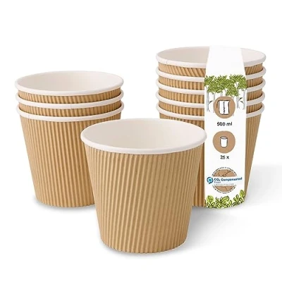 Image of BIOZOYG one Way Bio Soup Cup to Go Disposable Dishes I Corrugated Kraft Board with Water Based Inner Barrier on The Inside White/Brown, Unbleached 25 Single use beakers compostable 500 ml