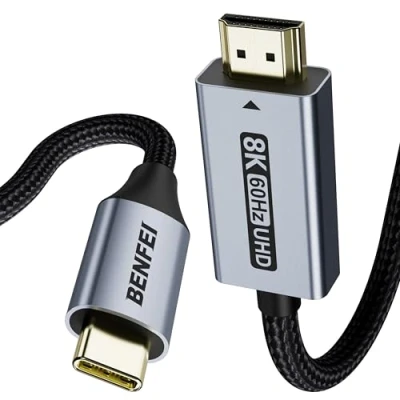 Image of BENFEI USB C to HDMI 2.1 Cable (8K@60Hz, 4K@240Hz, 6ft, Aluminum Shell, Nylon Braided) Compatible with iPhone 15/16 Pro/Max, MacBook Pro/Air 2023, iPad Pro, Surface Book 2 More