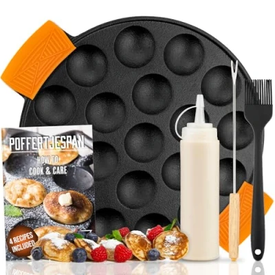 Image of IRONO Poffertjes Pan Mini Pancake Maker 19 Pancakes Eggs Crepe Cast Iron Includes Brush, Turning Fork, Batter Bottle, Handles