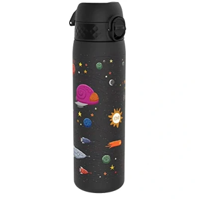 Image of ION8 500ml Water Bottle, BPA Free, Leakproof, Dishwasher Safe, Easy Open, Secure Lock, Clear Drinks Bottle for Boys &amp; Girls, Small Gym Sports Drinking 500ml, Black, Spaceships Design