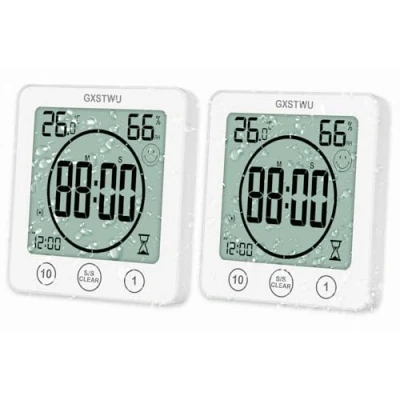 Image of GXSTWU 2Pcs Digital Bathroom Clock Shower Timer with Alarm, Waterproof Clocks for Kitchen Thermometer Hygrometer Wall Suction Cup Hanging Hole Magnet (2packs)