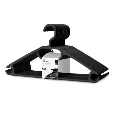 Image of KEPLIN Space Saving Black Plastic Coat Hangers 20 Pack Heavy Duty Swivel Hook for Clothes, Coats, Dress, Shirt, Jacket, Trouser Non Slip with Rotating &amp; Tie Hanger