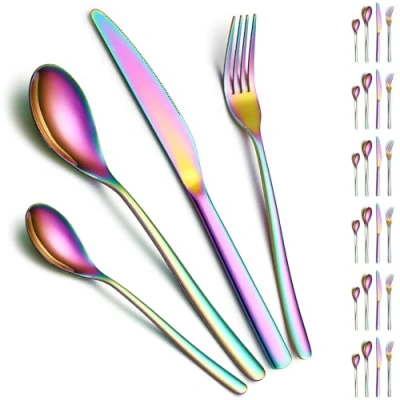 Image of Cutlery Sets 24 Pieces Service for 6, ReaNea Rainbow Titanium Plating Flatware Set Include Dinner Knives, Spoons, Forks, Teaspoons, Dishwasher Safe