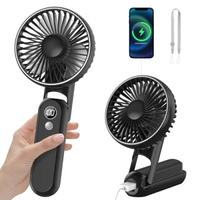 Image of CNMTCCO Portable Handheld Fan, Foldable Mini Fan Rechargeable with 5 Speed Levels, Quiet Small Personal USB Power Bank (Black)