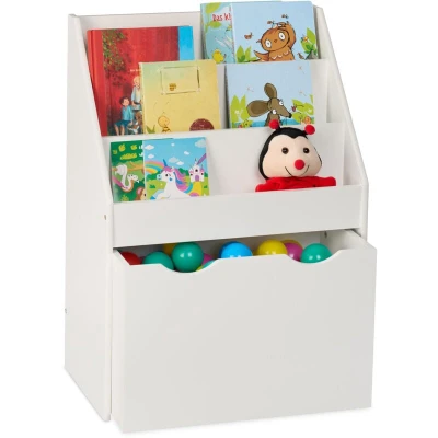 Image of Relaxdays Children&#039;s Bookcase, HxWxD: 69.5 x 50.5 28 cm, 3 Shelves, Toy Storage Box with Wheels, Kids Bookshelf, White, Fibreboard, Plastic