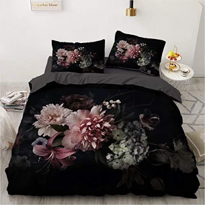 Image of Luowei 4 Piece Bed Linen Flowers 135 x 200 cm Black Vintage Floral Duvet Cover Set Soft Microfibre and 2 Pillowcases 80 for Double