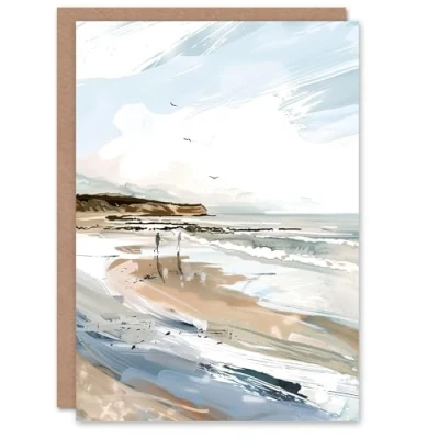 Image of Artery8 Greeting Card Filey Beach Watercolour Coastal Landscape England Blank For All Him Or Her Art Birthday