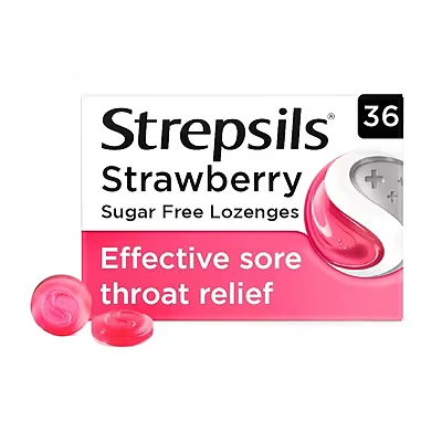 Image of Strepsils Strawberry Sugar Free Sore Throat Lozenges 36s