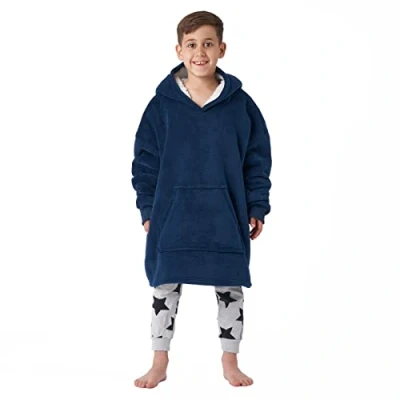 Image of Sienna Kids Oversized Hoodie Blanket Ultra Soft Plush Wearable Sherpa Fleece Warm Throw Cosy Sweatshirt, Navy
