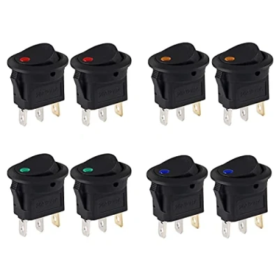 Image of AOICRIE 8 Pcs 12V Switch, 3Pin 20A 12 Volt Small Switch Auto 4 Color Led Rocker Car Light Switches, DC Round Automotive Illuminated On Off Toggle