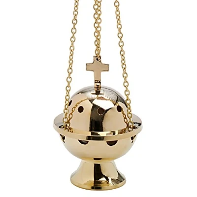 Image of NKlaus incense burner with cross chain 50cm soft brass 7591