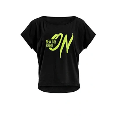 Image of Winshape Women&#039;s Damen ultra leichtes Modal Kurzarmshirt MCT002 mit Neon gelbem „New day bring it on Glitzer Aufdruck T Shirt, Schwarz Gelb Glitzer, XXL
