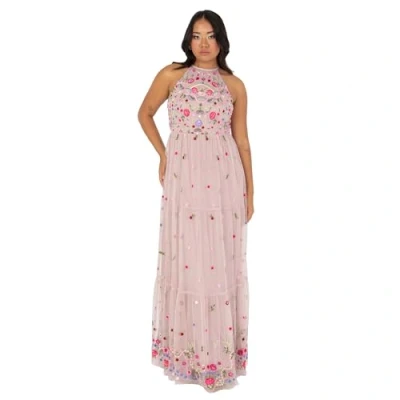 Image of Maya Deluxe Women&#039;s Ladies Maxi Dress Sleeveless Halterneck Tiered Floral Embroidered A line for Wedding Guest Evening Ball Gown Frosted Pink 16
