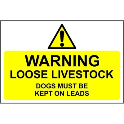 Image of Warning loose livestock dogs must be kept on leads safety sign 3mm Aluminium 300mm x 200mm