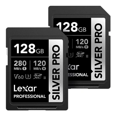 Image of Lexar 128GB (2 PK) Professional SILVER PRO SDXC Memory Card, UHS II, C10, U3, V60, Full HD &amp; 4K Video, Up To 280MB/s Read, for Photographer, Videographer, Enthusiast (LSDSIPR128G B2NNU)