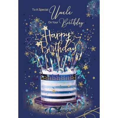 Image of Cherry Orchard Uncle Happy Birthday Card with cake design from the Grayson Range complete Gold Envelope and Foil Detailing