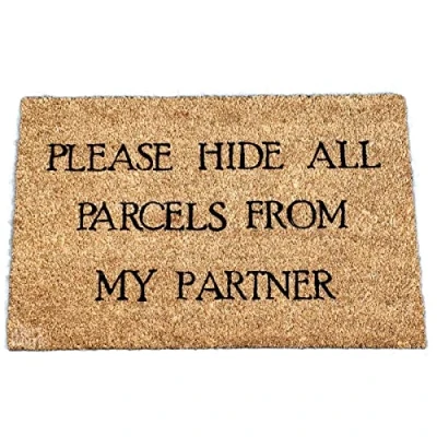 Image of Darthome Coir Door Mat Please Hide All Parcels From My Partner Novelty Funny Entrance 60cm x 40cm