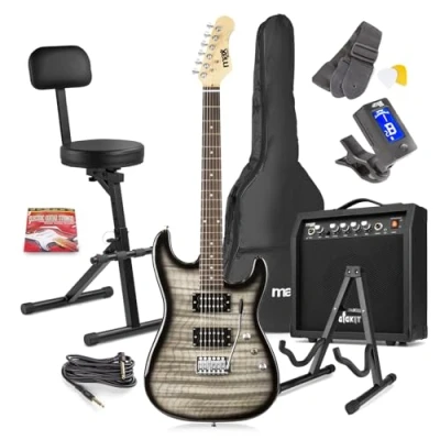 Image of Max GigKit Beginner Electric Guitar Pack with GST15 Folding Musician Stool &amp; GP20 Stand Black Finish Complete Starter Bundle 40W Amplifier Accessories Included