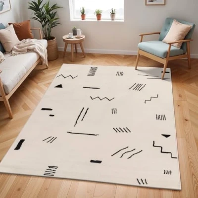 Image of Livabliss Empoli Abstract Rug Area Rugs Living Room 150x213 cm, Dining Room, Lounge, Kitchen, Bedroom Modern Marble Rug, Soft Luxurious Easy Care Medium Pile Large Ivory, Grey and Black