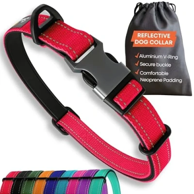 Image of Strong Dog Collar Medium Dogs Red Reflective Adjustable Padded Collars Aluminium V ring Safety