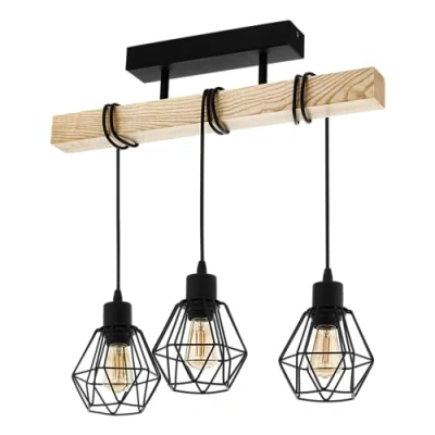 Image of Eglo Ceiling Light Fitting Townshend 5, 3 Vintage Pendant Lighting, Industrial Hanging lamp for Living Room, Black Metal and Natural Wood, FSC, E27 Socket