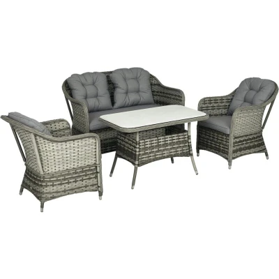 Image of Outsunny 4 Pieces Outdoor PE Rattan Garden Furniture, Patio Round Wicker Woven Conversation Sofa Set w/Padded Cushions and Tempered Glass Top Table For Balcony, Pool, Backyard, Sand