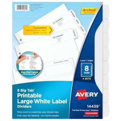 Image of Avery Big Tab Printable Large White Label Dividers with Easy Peel, 8 Tabs, 4 Sets (14439)