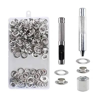 Image of HO2NLE 100 Sets Grommet Tool Kit 1/2 Inch(12mm) Grommets Eyelets Metal Silver Eyelet Punch Setting with Hole for Fabric Tarpaulin Curtains Belt DIY Crafts