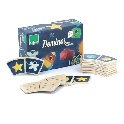 Image of Vilac Wooden Reversible Dominoes Board Game for Kids, Traditional Learning Educational Game, Star, Rocket, Earth, Astronaut Theme, 28 Pieces, 2 Years+