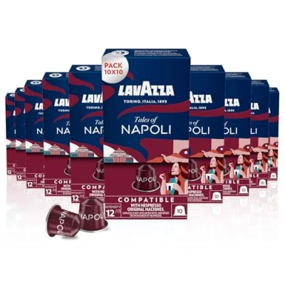 Image of Lavazza, Tales of Napoli, 100 Coffee Capsules Compatible with Nespresso Machines Original, Notes Cocoa and Caramel, Arabica Robusta, Intensity 12/13, Dark Roast, 10 Packs