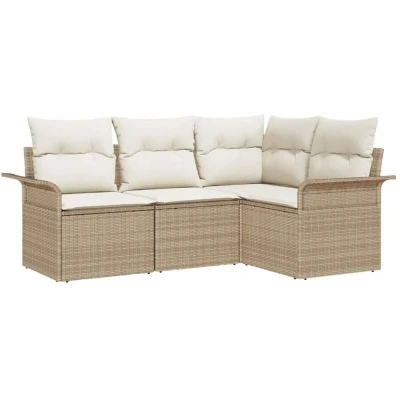 Image of vidaXL 4 Piece Garden Sofa Set with Beige Poly Rattan Cushions