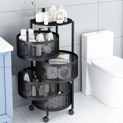 Image of Storage Rack Kitchen Bathroom Rotating Vegetable Serving Bath Trolley Cart Shelf Fruit Basket with Wheels (Black Round 5 Tier)