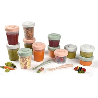 Image of Beaba Set of 12 Storage Pots and 2 Silicone weaning Spoons, Interlocking, Stackable Pots, 100% Airtight, Freezable, Breast Milk, 2x90 ml + 4x150 6x250ml, Eucalyptus
