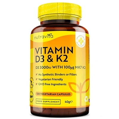 Image of Vitamin D3 3000iu &amp; K2 100ug (MK7) 120 Vegetarian Capsules Supports Normal Bones, Muscles, Teeth and Immune System Cholecalciferol Menaquinone 7 Made by Nutravita