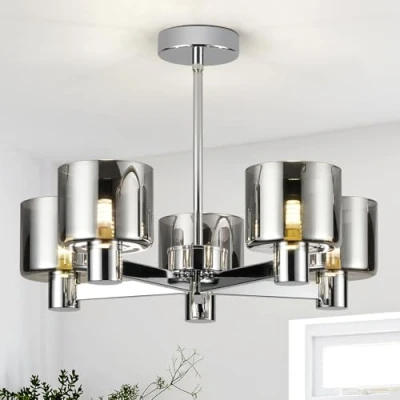 Image of HARPER Living Modern 5 Light Chandeliers Ceiling Light, Chrome Semi Flush Lamp with Smoked Glass Shades, 5xG9 for Room Bedroom Dining Hallway